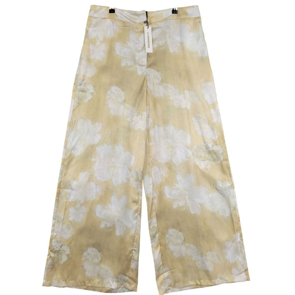 NWT COMMENSE Yellow Floral High Rise Wide Leg Flowy Pants Brunch SIZE XL